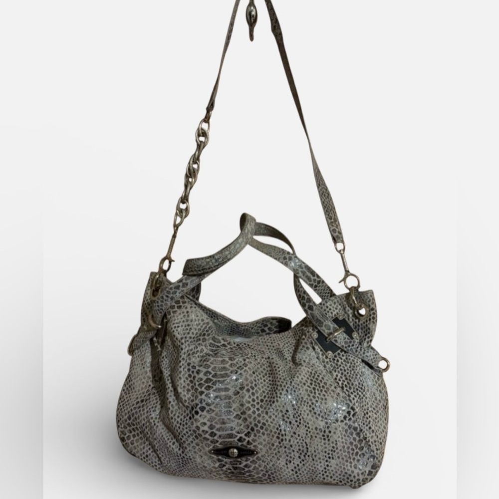 Elliott Lucca Snakeskin Patterned Shoulder Bag. Multi color cream, brown, gray.